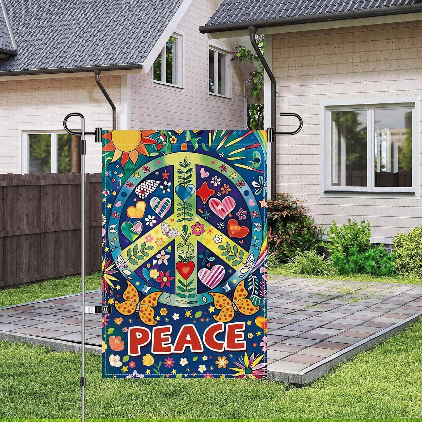 Peace Garden Flag Butterfly Flowers Art Garden Yard Flags Double Sided Colorful Farmhouse Holiday Decorative Yard Flag, Porch Outdoor Decoration Sign Banner (12X18INCH)