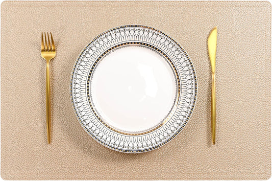 Set of 6 Faux Leather Placemats, PU Table Mats, Waterproof, Stain Resistant, Heat Resistant, Easy to Clean for Kitchen Dining Table,Conference Table C Gold Rectangle