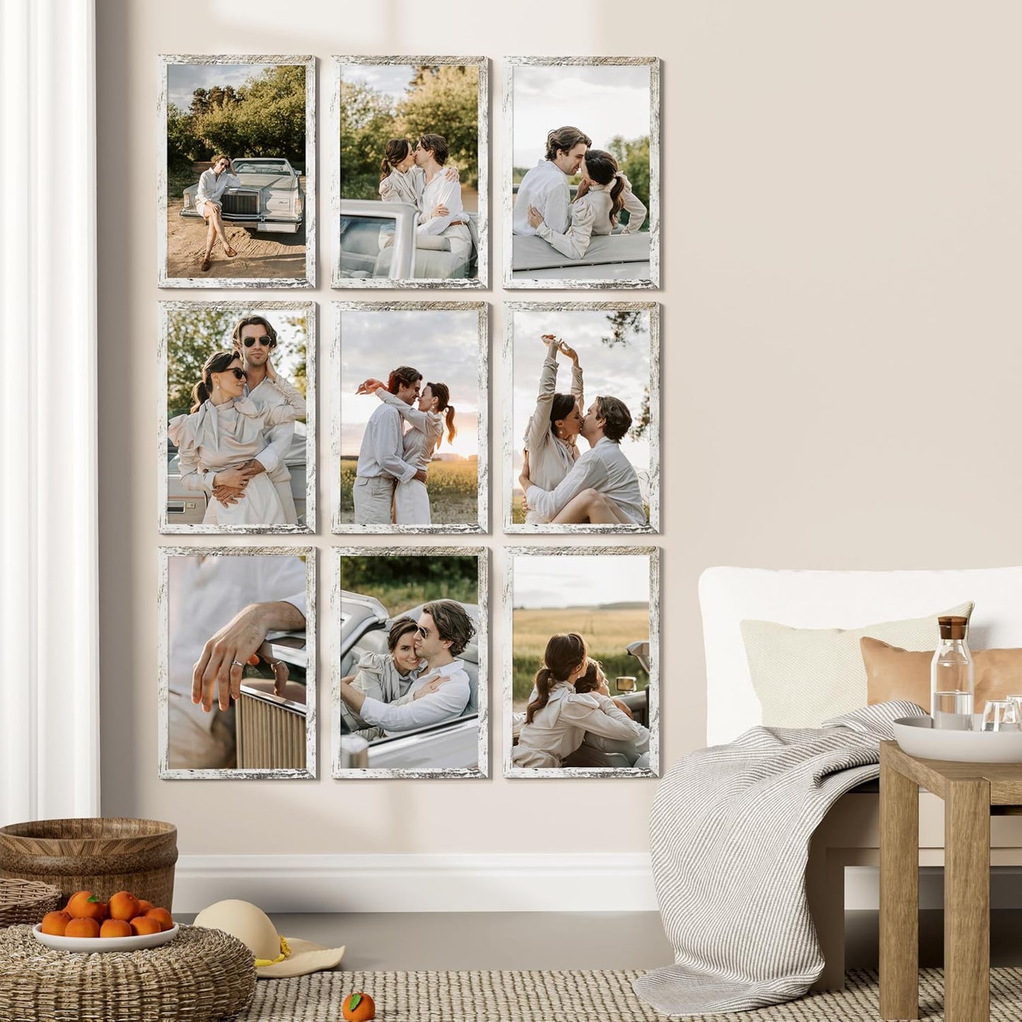 Vittanly 11x17 Picture Frames Set of 9, Shatter Resistant Plexiglass, Display 8x12 Pictures with Mat or 11x17 without Mat, Photo Frames for Wall Mount, Engineered Wood, Distressed White