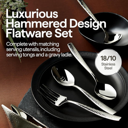 Luciella Ponza Flatware Set for 12, 65-Piece Stainless Steel Silverware Set with Serving Utensils, Timeless Hammered Design, Rust-Resistant, Mirror Polished & Dishwasher Safe