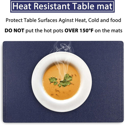 Set of 6 Faux Leather Placemats, PU Table Mats, Waterproof, Stain Resistant, Heat Resistant, Non-Slip Easy to Clean for Kitchen Dining Table,Conference Table C Blue Rectangle