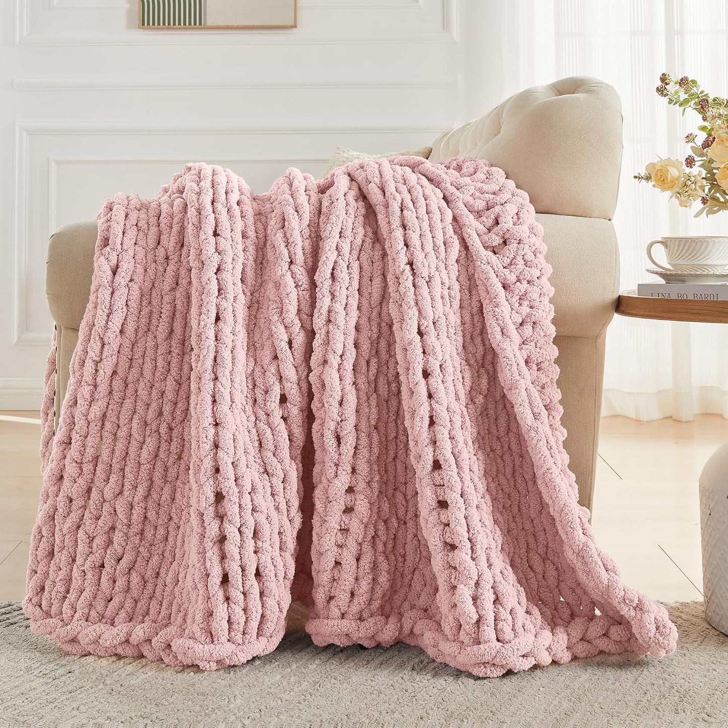 Carriediosa Chunky Knit Throw Blanket 50" X 60", 100% Hand Made Large Chenille Loop Yarn Soft Fluffy Throws for Couch Sofa Bed, Big Crochet Cozy Heavy Thick Cable Woven Blankets, Dusty Pink