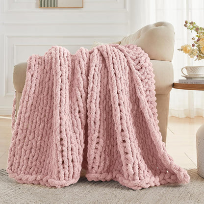 Carriediosa Chunky Knit Throw Blanket 50" X 60", 100% Hand Made Large Chenille Loop Yarn Soft Fluffy Throws for Couch Sofa Bed, Big Crochet Cozy Heavy Thick Cable Woven Blankets, Dusty Pink