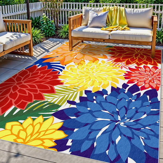 Indoor Outdoor Area Rug 8x10 Patio Washable Multicolored Patio Rug Tropical Botanical Modern Floral Indoor Outdoor Carpet Non-Slip for RV, Pool Deck, Backyard, Porch