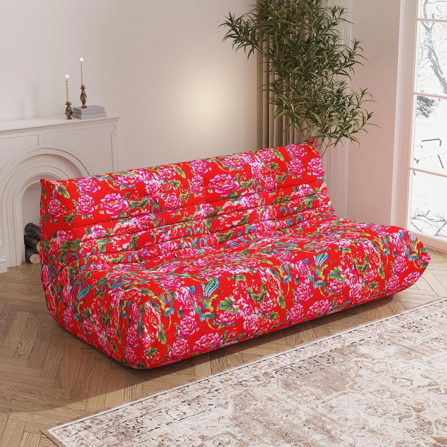 Big Bean Bag Chairs for Adults, 3 Seater Large Bean Bag Sofa, Fireside Chair Lazy Sofa Chair with High Density Comfortable Foam, Modern Bean Bag for Living Room, Bedroom, Office (Flower)