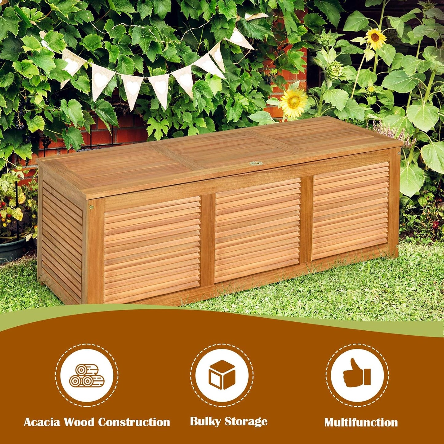 Tangkula 46 Gallon Acacia Wood Deck Box, Garden Backyard Storage Bench, Outdoor Storage Container for Patio Furniture Cushions and Gardening Tools (Natural)