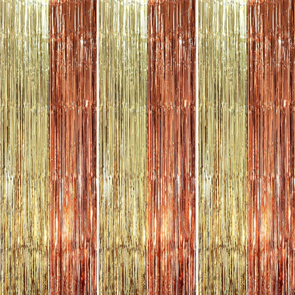 3 Pack 3.3 x 8.2 ft Rose and Champion Foil Fringe Backdrop Curtains, Tinsel Streamers Party Decorations, Fringe Backdrop, Door Shimmer for Anniversary or Birthday Party