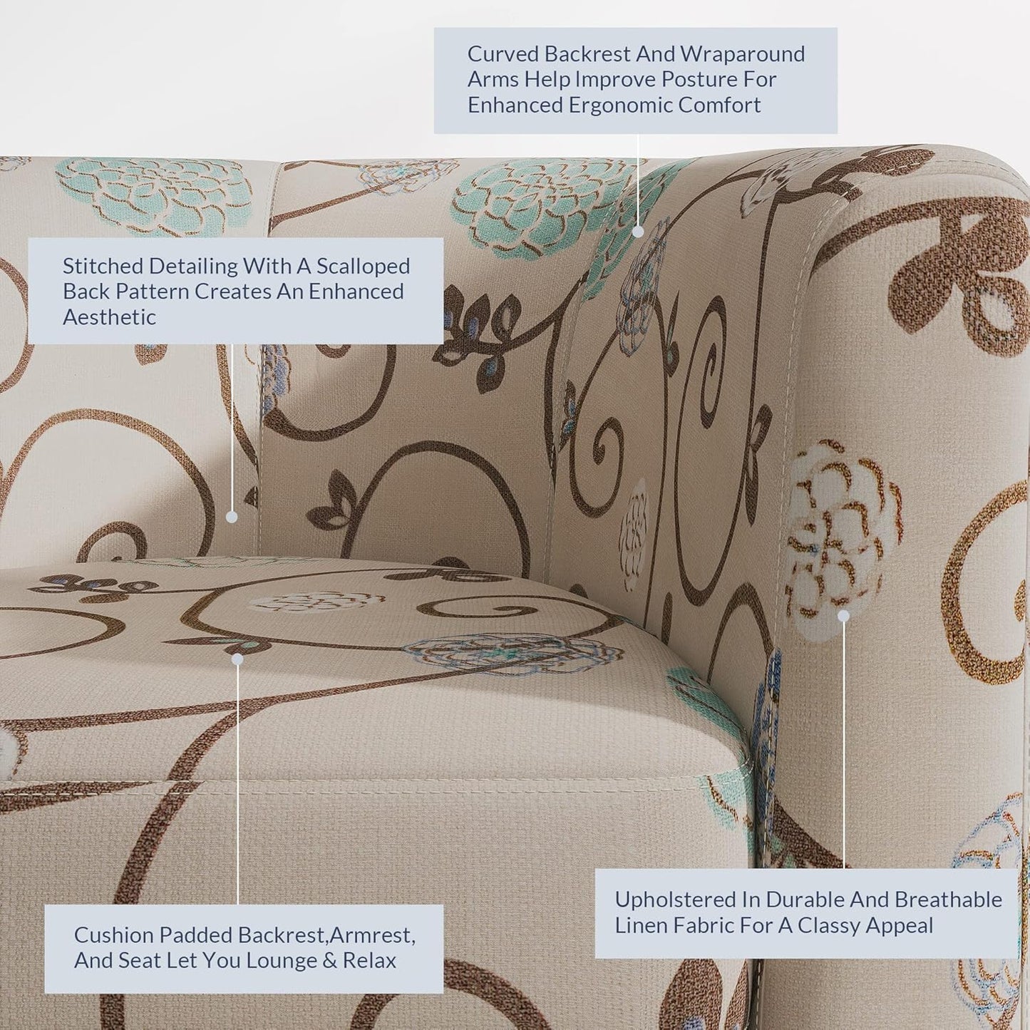 BELLEZE Living Room Chairs Set of 2, Linen Round Accent Barrel Chairs, Club Tub Sofa Chairs for Bedroom, Corner Chairs with Flared Legs and Cozy Soft Padding - Highland (Floral Print)