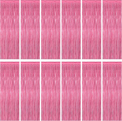 12 Pack Pink Backdrop, 3.28 FT x 7.05 FT Foil Fringe Curtains, Metallic Pink Tinsel Curtain Party Streamer Birthday Backdrop for Girl, Brithday Decorations Bachelorette Party Supplies