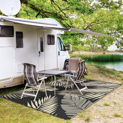 GENIMO Outdoor Rug 6' x 9' Waterproof for Patios Clearance, Reversible Outdoor Plastic Straw Camping Rug Carpet, Large Area Rugs Mats for RV, Camper, Deck, Balcony, Porch, Beach, Picnic, Black&Beige