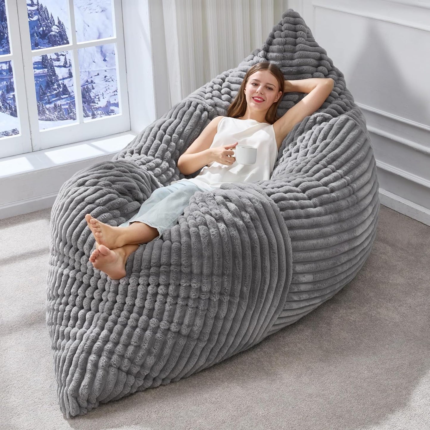Hobestluk 3 in 1 Bean Bag Chair Giant Bean Bag Chairs Convertible Bean Bag Floor Cushion with Machine Washable Cover, Beanbag Chairs for Adult (Grey)