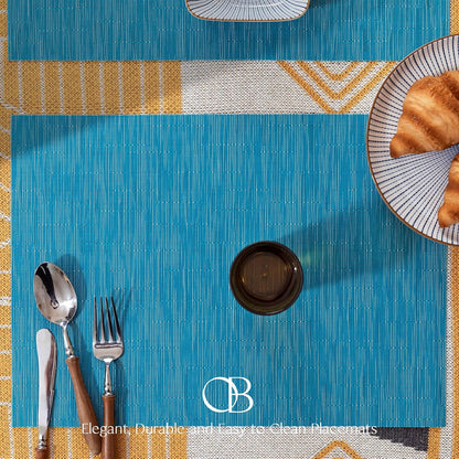 Placemats Set of 12 - Easy Clean Woven Vinyl Placemats for Dining Table, Indoor/Outdoor Place Mats, Washable PVC Table Mats（Teal Blue）