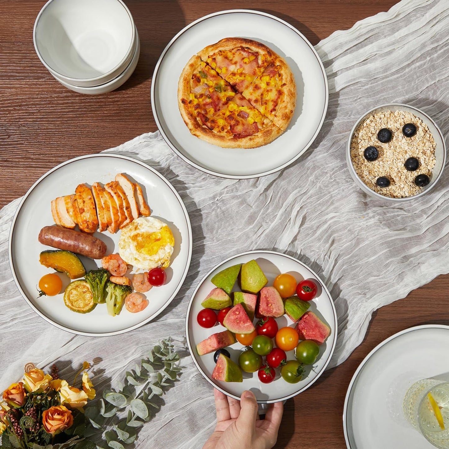 24 Piece Stoneware Dinnerware Set for 8, Moonstone White Plates and Bowls Set, Reactive Glaze Ceramic Dish Set, Durable & Chip Resistant, Modern Rustic Look, Microwave & Dishwasher Safe