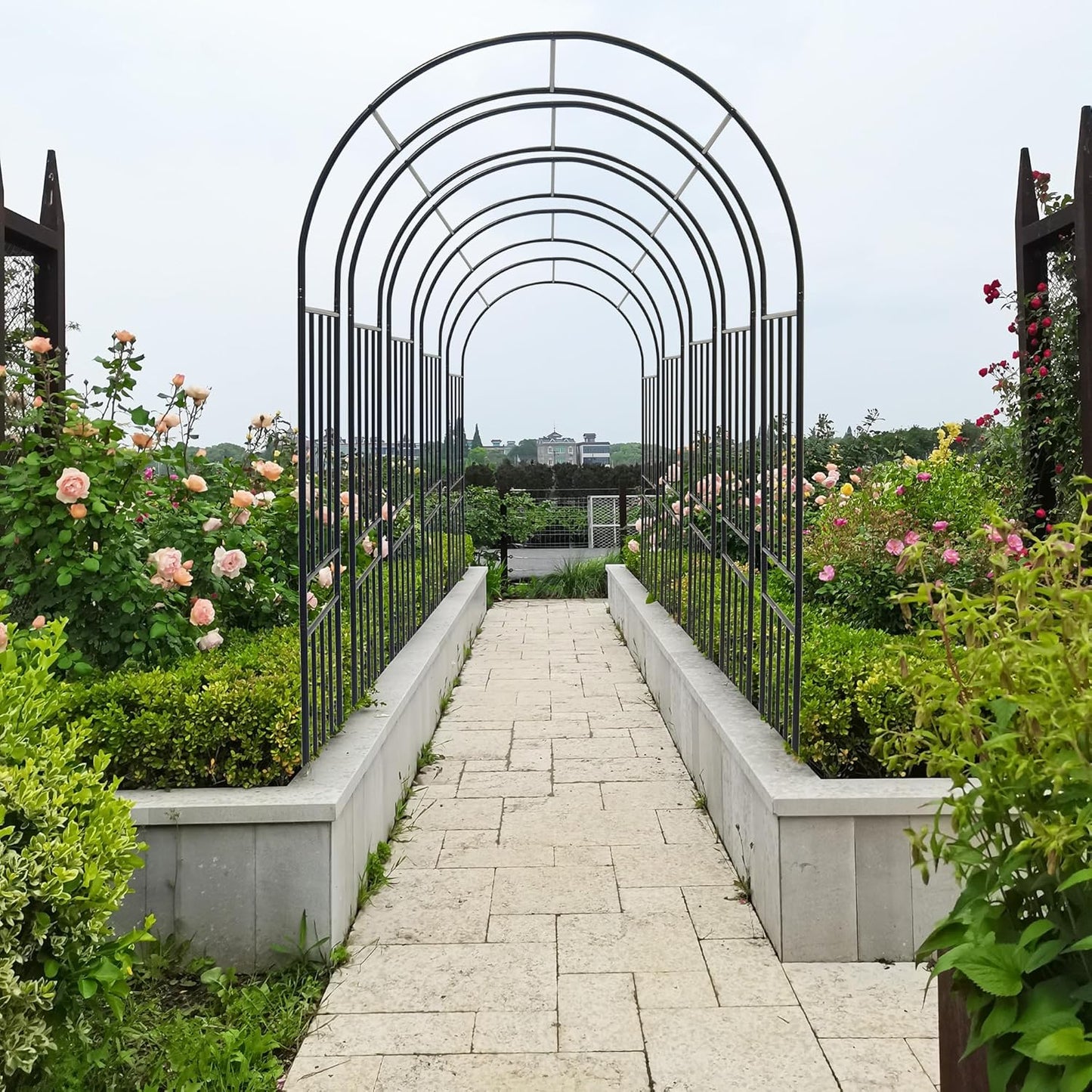 Metal Garden Arch 85.82" H Garden Arbor Trellis Climbing Plants Support Rose Lines Arch Outdoor Lawn Wedding Party Events Archway Black
