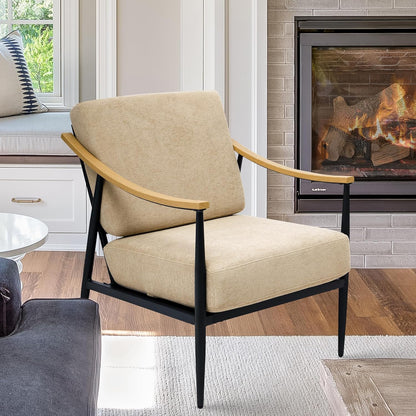 Modern Accent Chair for Living Room Bedroom Mid Century Arm Chair Upholstered Office Accent Chair Comfy Waiting Room Chair with Metal Frame, Khaki