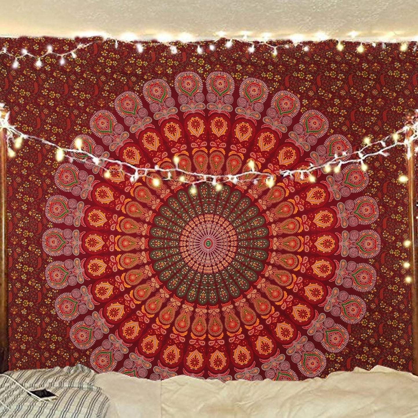 Bless International Handmade Indian hippie Bohemian Psychedelic Peacock Mandala Wall hanging College Dorm Beach Throws Table Cloth Bedding Tapestry (Maroon Yellow, King(88x104Inches)(225x265Cms))