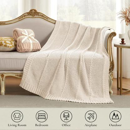 Amélie Home Chenille Knit Throw Blanket for Couch, Chevron Texture Decorative Soft Blanket for Sofa, Bed & Chair, 50"x60", Ivory