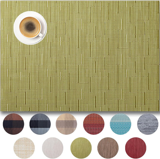 Placemats Set of 6 - Easy Clean Woven Vinyl Placemats for Dining Table, Indoor/Outdoor Place Mats, Washable PVC Table Mats （Pea Green）
