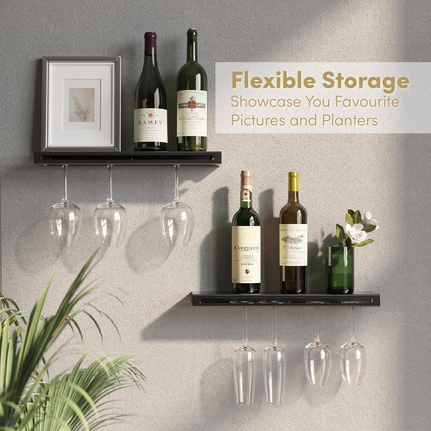 Wall Mounted Wine Rack – Metal Floating Bar Shelf with Bottle and Glass Holder, Holds 5 Bottles and 4-6 Glasses