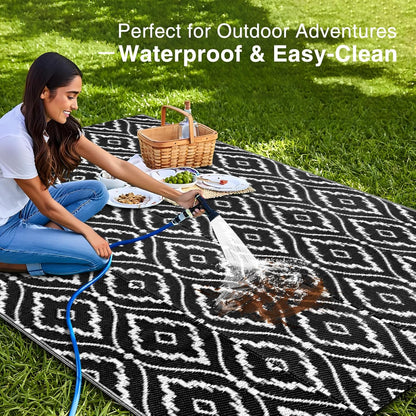 OLANLY Outdoor Rug 5x8 ft Waterproof, Outdoor Plastic Straw Rug with Geometric Pattern Clearance, Reversible RV Mat for Patio, Camping, Balcony, Deck, Backyard, Black & White