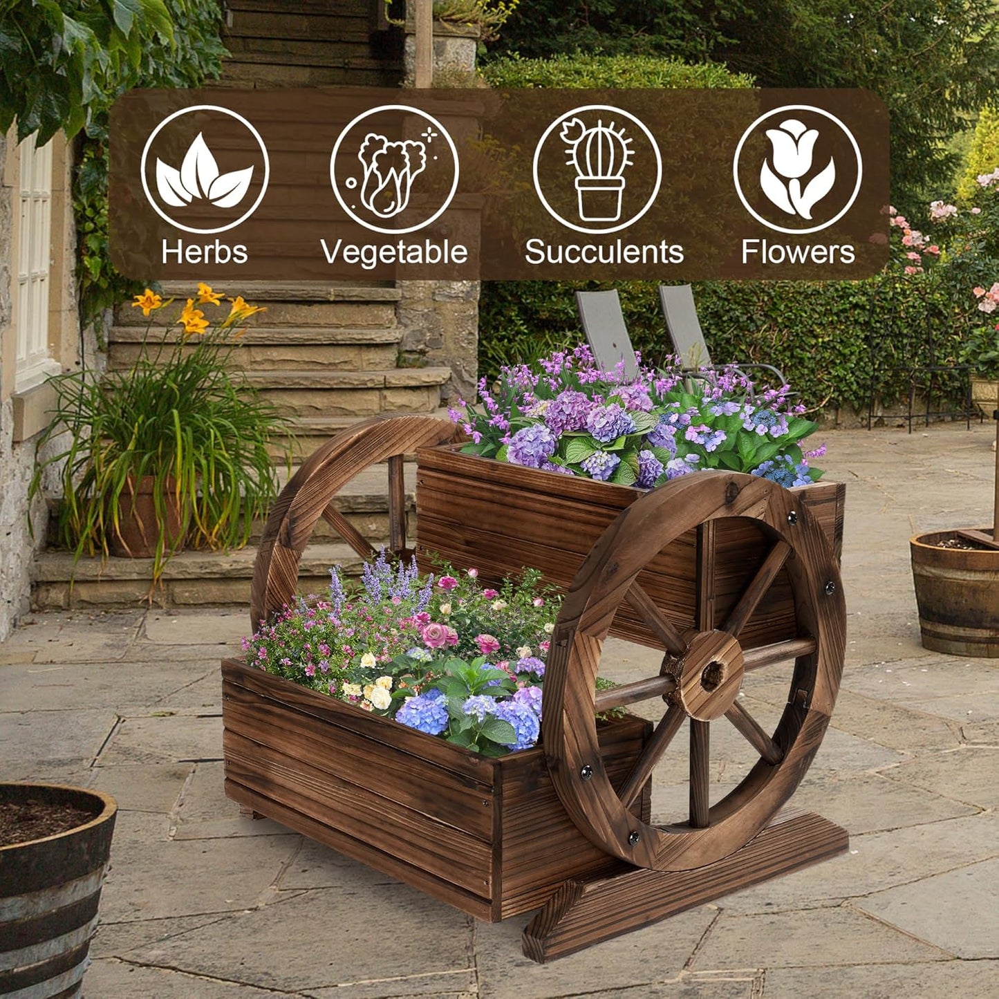 Wooden Wagon Planter Box, Garden Planter with Wheels,Decorative Planter for Flowers Herbs Vegetables for Indoor & Outdoor Décor, Flower Cart for Patio Garden Balcony