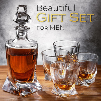 Whiskey Decanter Set for Men with 4 Drinking Glasses for Cognac, Bourbon, Rum, Scotch, Liquor Crystal Clear Decanter Sets House Warming Gifts New Home Whiskey Gifts for Men Dad Him