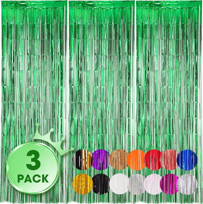 3 Pack 3.3x8.2 Feet Green Foil Fringe Backdrop Curtains, Tinsel Streamers Birthday Party Decorations, Fringe Backdrop for Graduation, Baby Shower, Gender Reveal, Disco Party