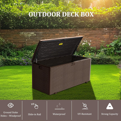 Premium Pro Edition 180 Gallon Lockable Resin Deck Box, Waterproof & UV-Resistant Outdoor Storage Box for Outdoor Cushion Storage, Garden Tools & Pool Accessories Storage, Brown