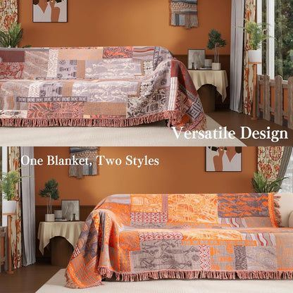 Boho Throw Blanket Full Size, Extra Large Soft Cozy Cotton Muslin Quilt Blanket for Bed Decor, Patchwork Block Couch Sofa Chair Cover, Vintage Farmhouse Cottage Woven Blanket, Red&Orange