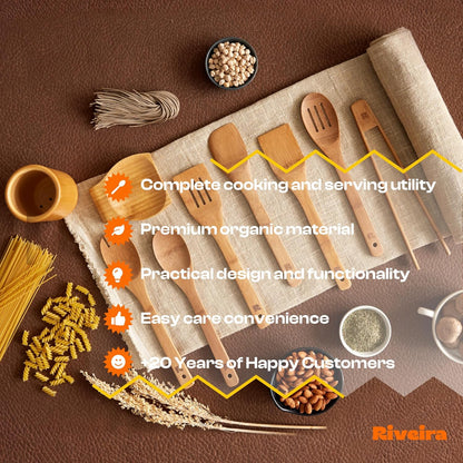 Riveira Dark Bamboo Wooden Spoons for Cooking 9-Piece with Holder, Apartment Essentials Wood Spatula Spoon Nonstick Kitchen Utensil Set Premium Quality Housewarming Gifts for Everyday Use