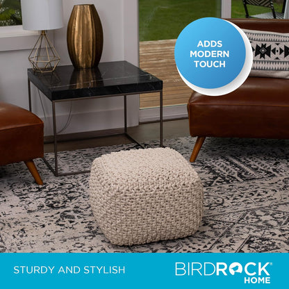 BIRDROCK HOME Square Pouf Ottoman | Cotton Braided Foot Stool with Bean Bag Filling | Boho Foot Rest for Living Room, Bedroom | Compact & Comfortable Seating, Lightweight & Sturdy | Natural