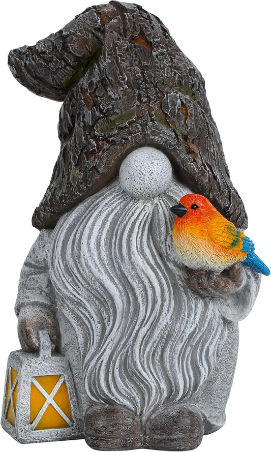 Mood Lab Garden Gnome - Stone Gnome Figurine - 9.1 Inch Tall Lawn Statue with Bird - for Outdoor or