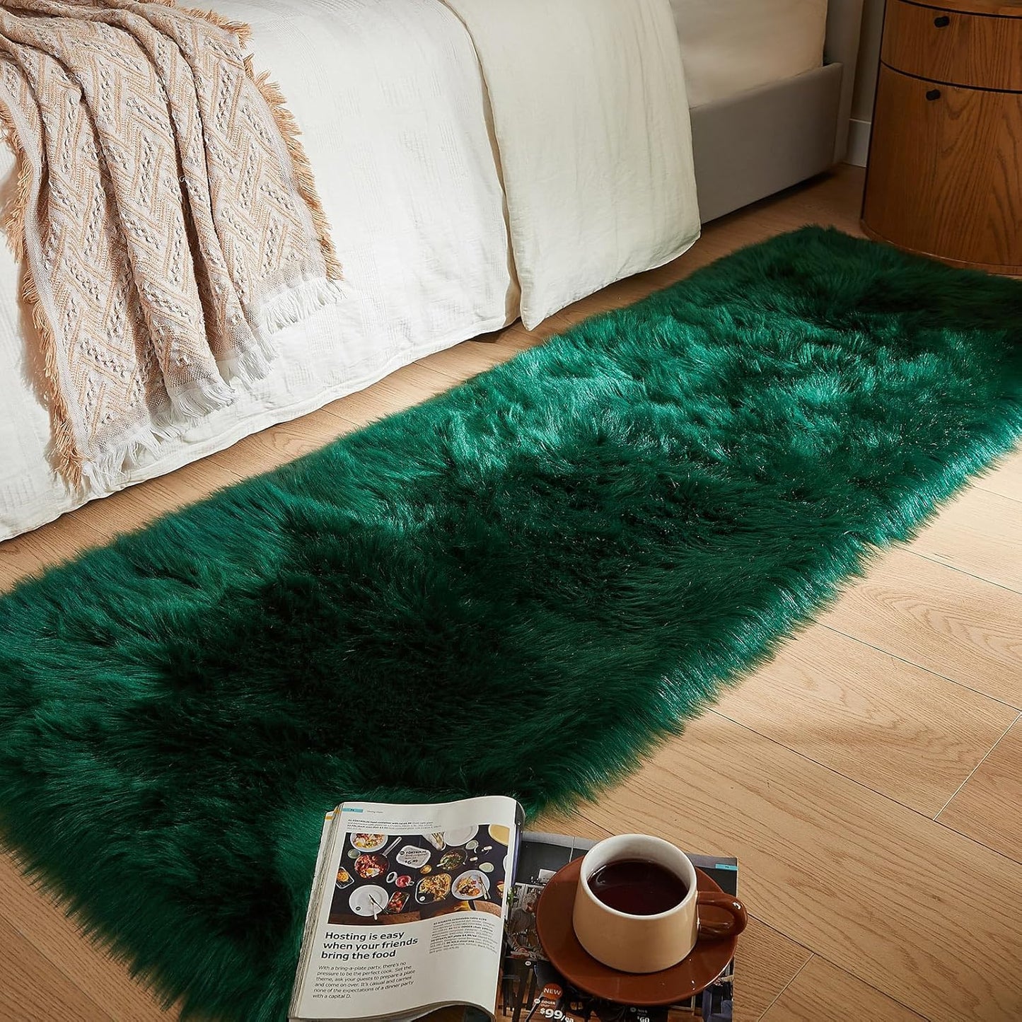 AMTOVO Faux Fur Rug, Dark Green Ultra Soft Fluffy Shag Sheepskin Rug, 2 x 6 ft Runner Area Rugs for Bedroom Sofa Throw Cushion Room Decor, Rectangle