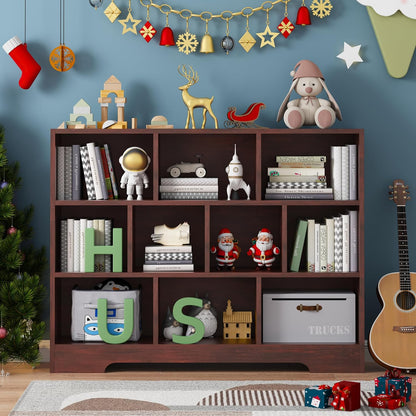 Book Shelf Set of 2, 10 Cubes Storage Organizer, 3-Tier Open Shelf Wooden Bookcase, Freestanding Cherry Bookshelf Cube Shelf for Bedroom, Living Room, Home Office