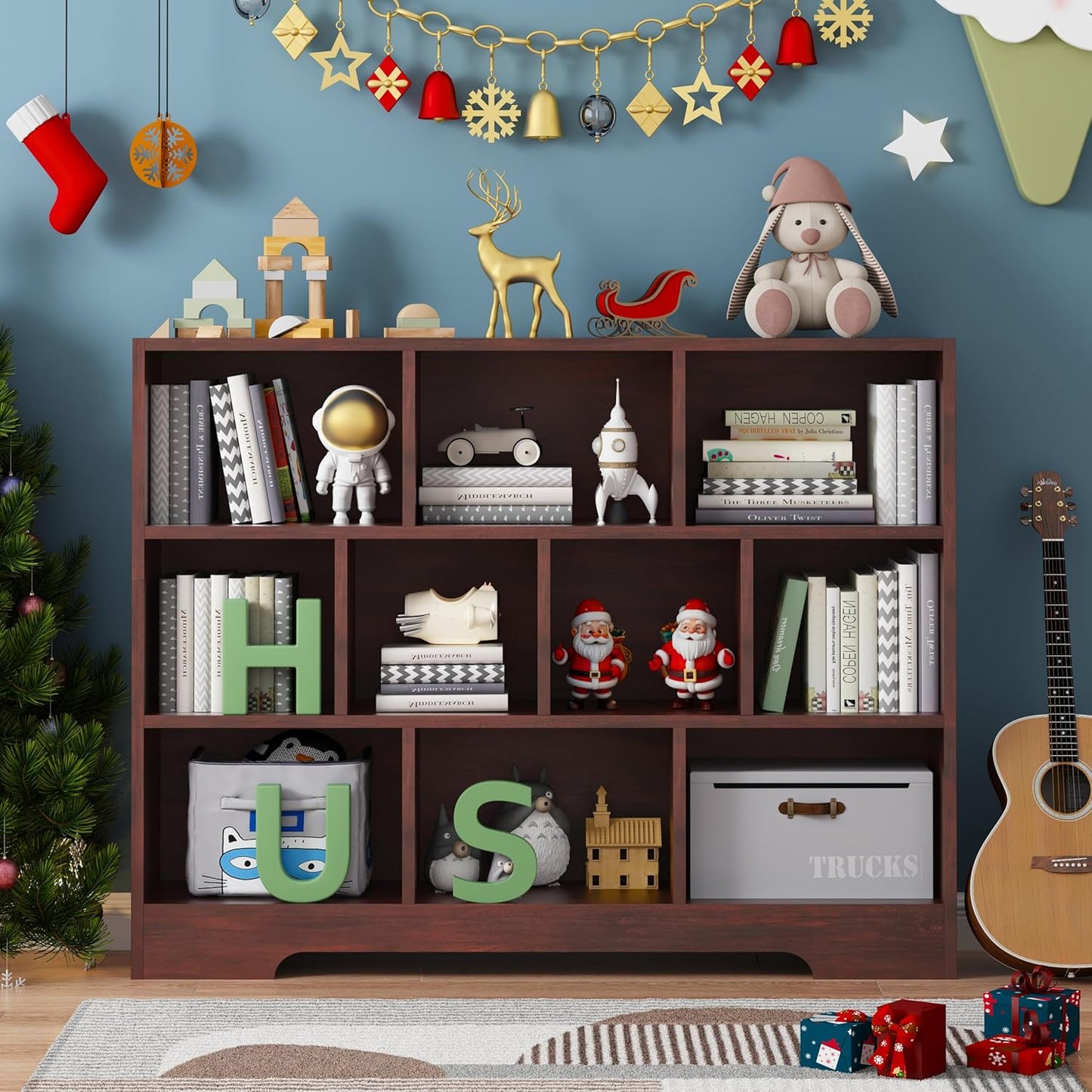 Book Shelf, 10 Cubes Storage Organizer, 3-Tier Open Shelf Wooden Bookcase, Freestanding Cherry Bookshelf Cube Shelf for Living Room