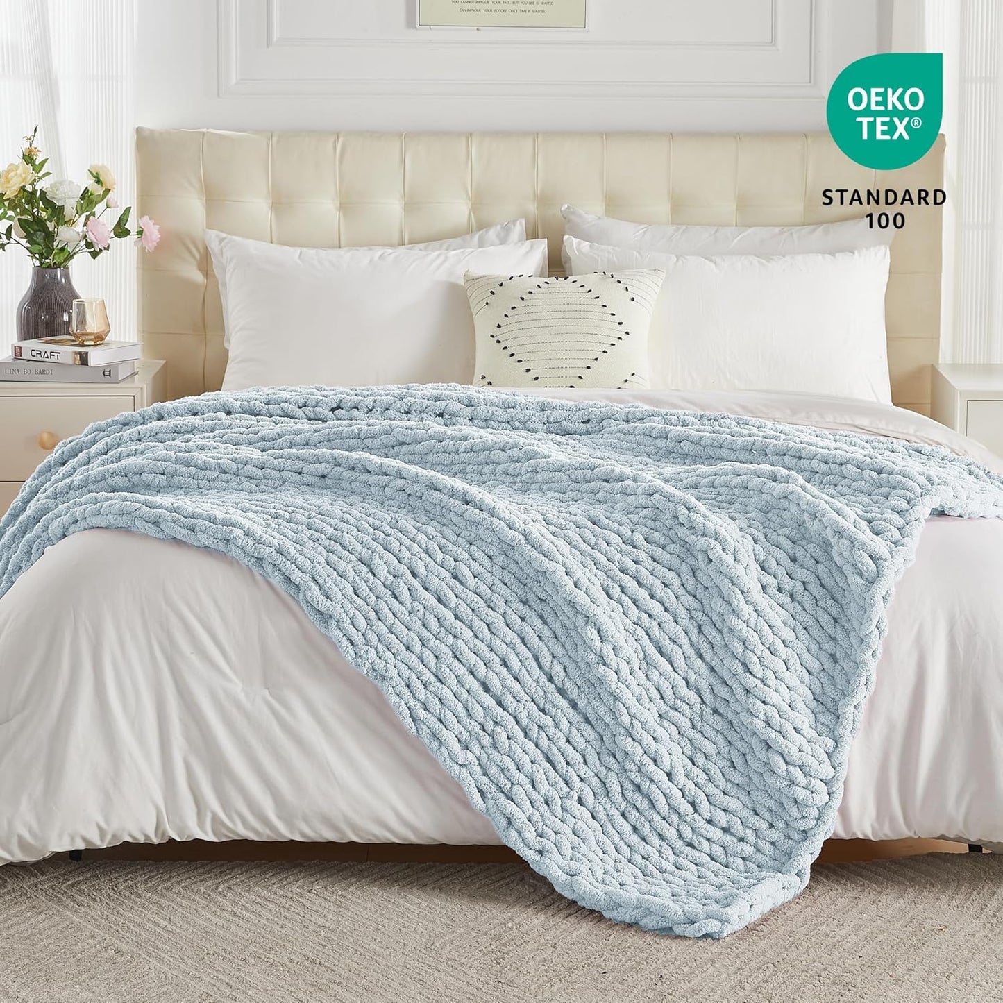 Carriediosa Chunky Knit Throw Blanket 50" X 60", 100% Hand Made Large Chenille Loop Yarn Soft Fluffy Throws for Couch Sofa Bed, Big Crochet Cozy Heavy Thick Cable Woven Blanket, Light Blue