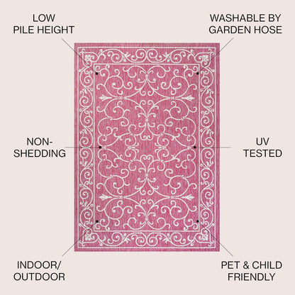 JONATHAN Y Vintage Filigree Indoor Outdoor Area Rug 8X10 Fuchsia/Light Gray, Charleston Textured Weave for Backyard, Patio, Porch, Easy-Cleaning, High Traffic, Pet-Friendly, Non-Shedding (SMB106J-8)