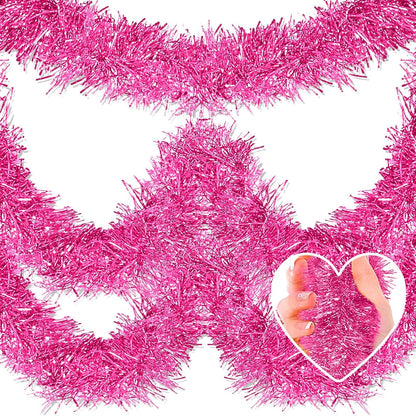 25 Feet Metallic Twist Tinsel Garland - Wall Hanging Backdrop for Holidays (Pink, 4in x 25ft)