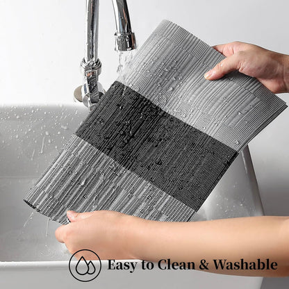 Leetaltree Grey with White Striped Placemats Set of 8 - Heat Resistant Non-Slip Place mats for Dining Table, Washable Durable PVC Vinyl Woven Table Mats（Grey Stripe, 8）