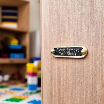 Please Remove Your Shoes Brass Door Sign. Traditional Style Home Décor Wall Plaque Handmade By The Metal Foundry UK.