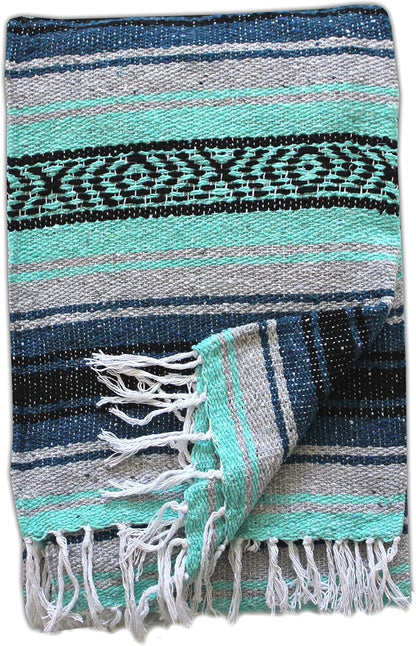 Del Mex Classic Mexican Blanket, Large Authentic Woven Falsa Throw (70"x50"), Artisan Southwest Décor for Beach, Yoga, Outdoors (Navy/Mint)