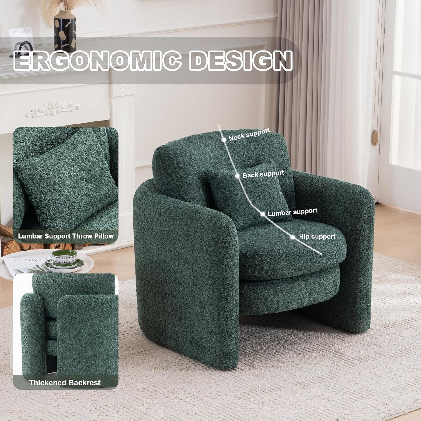 Chenille Accent Armchair Oversize Upholstered Barrel Comfy Modern Round Lounge Chair with Pillow Cozy Reading Chairs for Apartment,Office,Living Room,Dining,Makeup,Club,Green