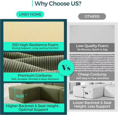 LINSY HOME Modular Sectional Sofa, 134" Boneless Couch U Shaped 4-Seat Sofa with 2 Movable Ottomans, Corduroy Sectional Cloud Couches for Living Room, No Assembly Required, Green