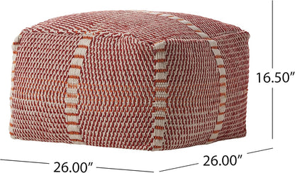 GDF Studio Indoor/Outdoor Boho Handmade Water Resistant Fabric Rectangular Pouf Ottoman Foot Stool - Bean Bag Floor Chair - Foot Rest Couch for Living Room Bedroom, Red and Orange,26" x 26" x 16.5"