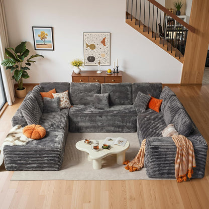 Cloud Sectional Couches for Living Room,U Shaped Modular Sofas No Assembly,135x100 Inches Plush Corduroy Oversized Floor Couch Set with Deep Seat Chaise,Grey