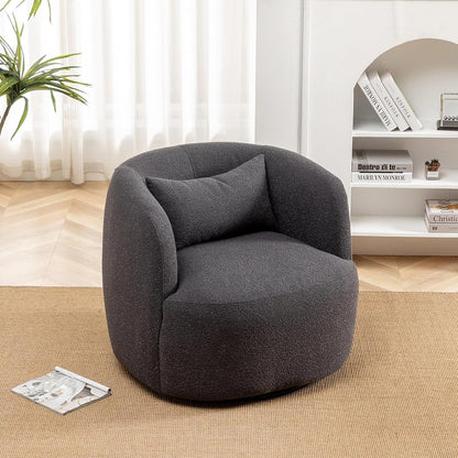KINWELL 34" Wide Boucle Swivel Barrel Chair, No Assembly Round Upholstered Armchair Accent Chair Single Sofa Chair with Toss Pillow for Living Room and Bedroom, Dark Grey
