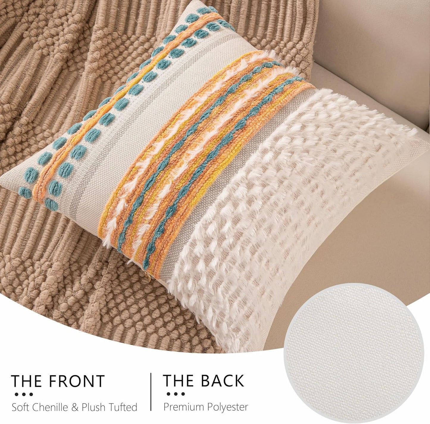 Boho Chenille Tufted Couch Throw Pillow Covers 18x18 Inch Set of 2 Farmhouse Striped Decorative Pillow Covers Accent Neutral Pillowcase Yellow Teal Cushion Cover for Living Room Sofa Bed