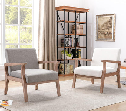 HNY Mid Century Armchair with Hardwood Frames, Linen Upholstered Living Room Chair, for Living Room Bedroom, Light Grey