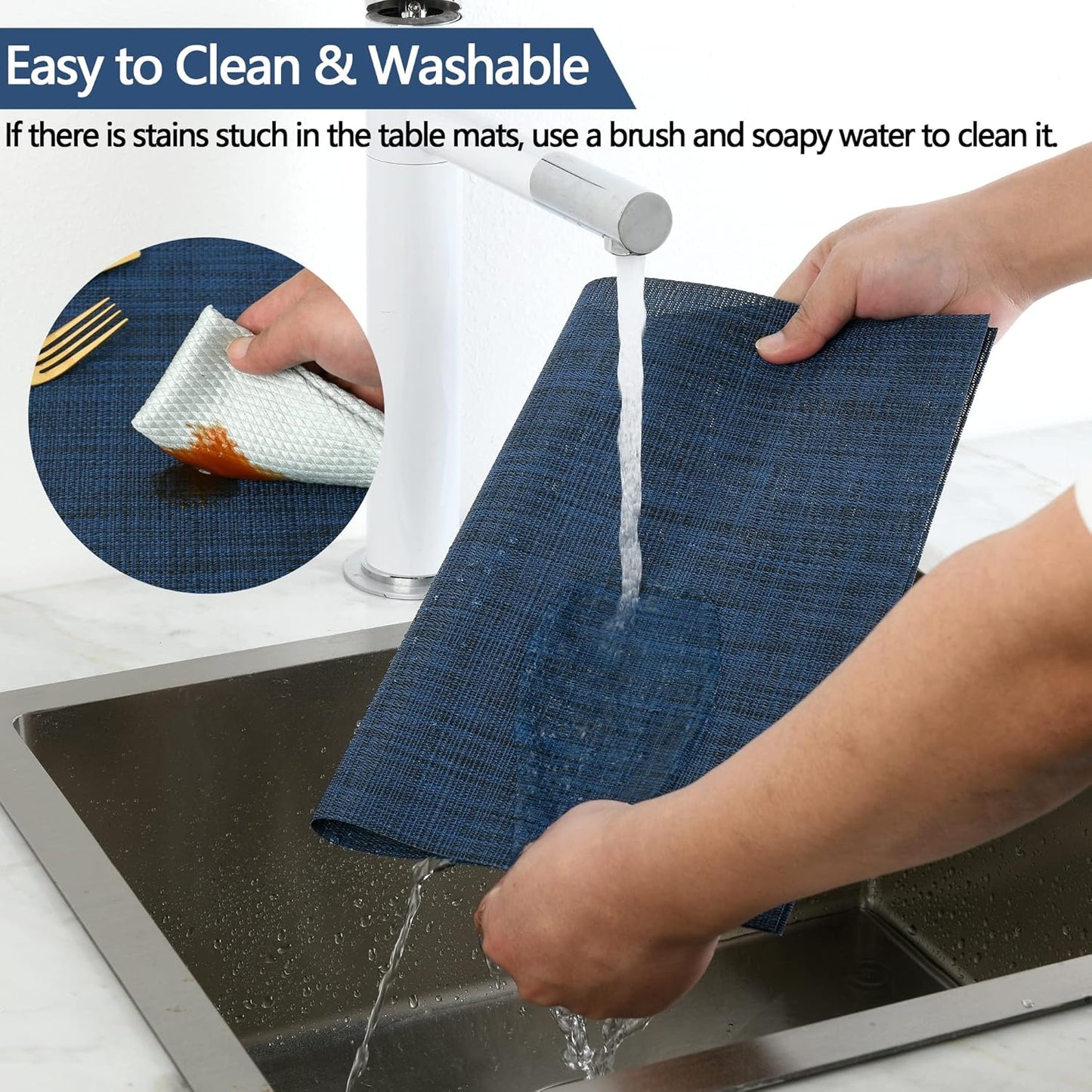 Navy Blue Placemats Set of 4 - Easy Clean Washable Vinyl Placemats - Wipeable Heat Resistant Table Mats for Dining Table - 17x12 Inch (Navy Blue, 4)