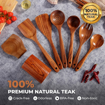 Wooden Spoons for Cooking, Kitchen Utensils Set, Wood Spatulas Soup Ladle Serving Spoons Teak Wooden Utensil Set（8 Pieces ）